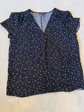 Hilary Radley Navy and White Dot V-Neck Blouse